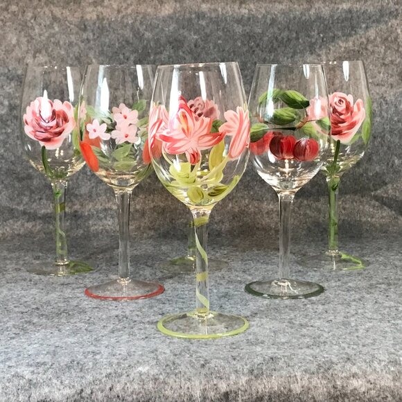 Wine Glasses Hand Blown Hand Painted Set of 6 - Picture 2 of 7